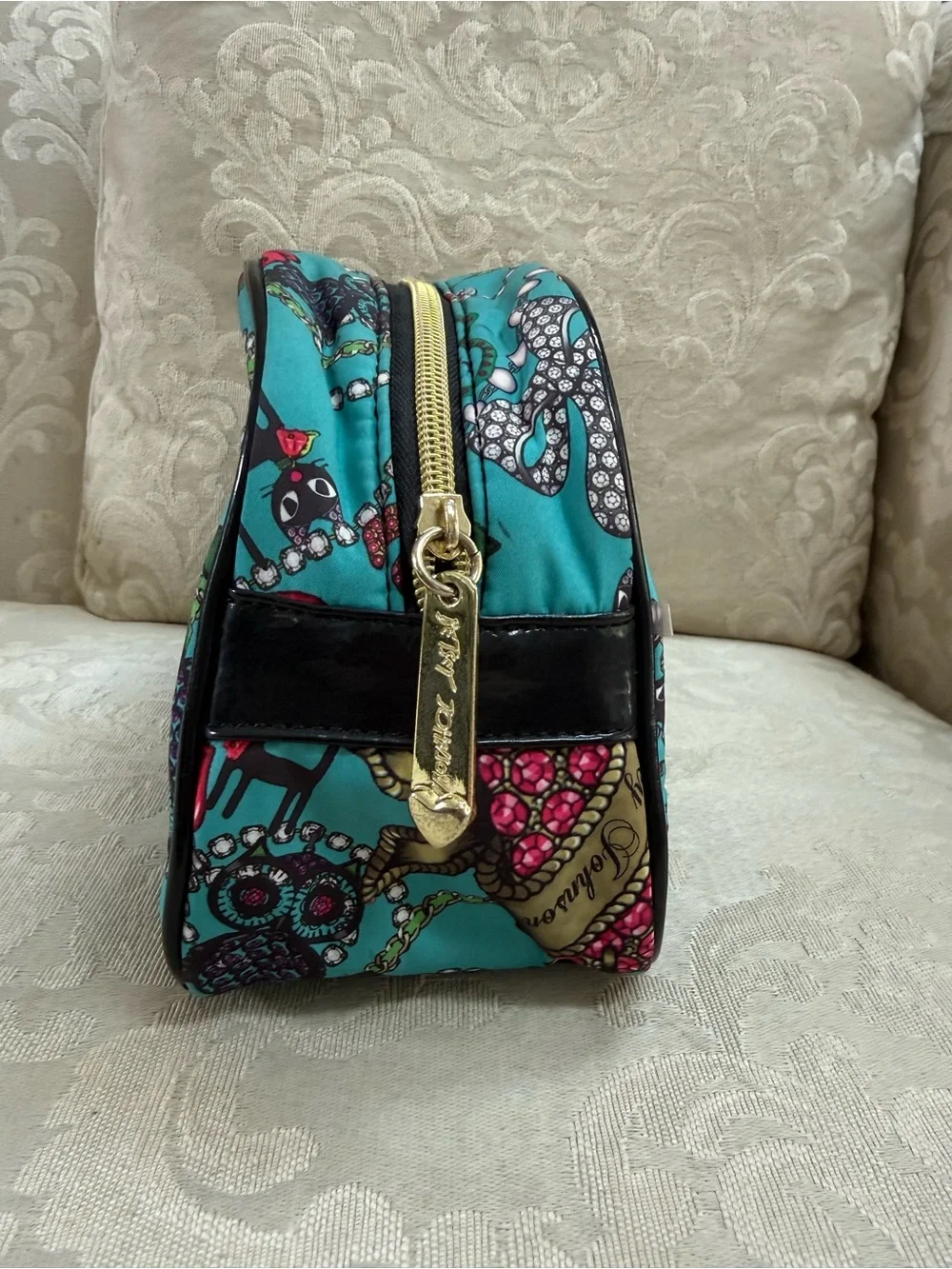 Betsey Johnson Teal Printed Cosmetic Case with Jewel & Rose Motif